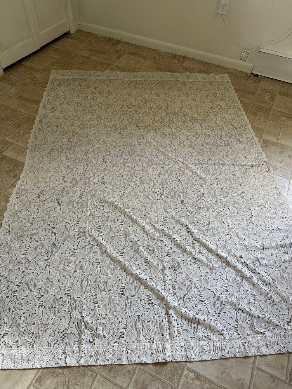 White Floral Lace Curtain Panels Set of 3 Scalloped Edge 57x84